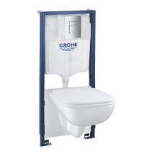 Pachet 5in1 WC Grohe Solido Edge 39817000, cadru, WC suspendat, rimless, SoftClose, elemente montaj, placa actionare crom, alb